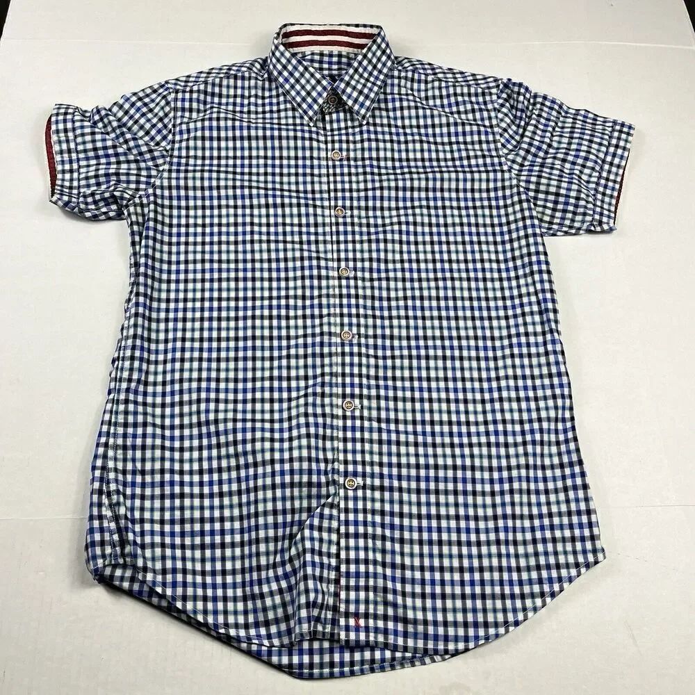 Robert Graham Mens Button Down Shirt Plaid Contrast Trim Short Sleeve SMALL FLAW
